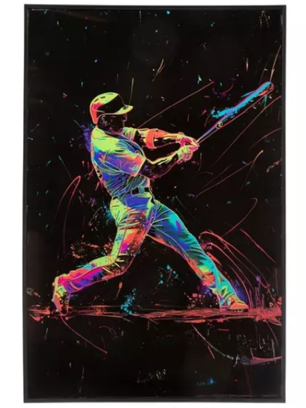 Neon Paint Baseball Player Framed Wall Decor
